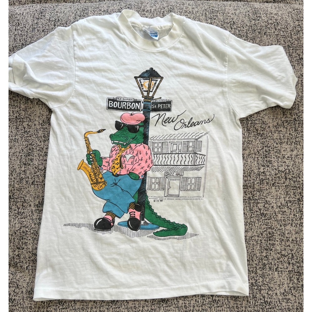 Vintage 80s New Orleans Alligator Saxophone T-Shirt Hanes Fifty-Fifty